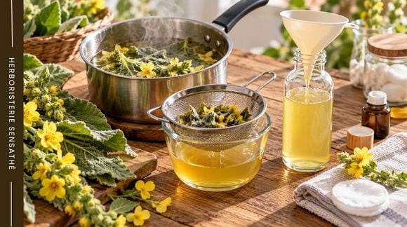 Préparation d’une lotion à base de décoction de bouillon-blanc, plante traditionnellement utilisée en soins cutanés contre les furoncles et les panaris - Herboristerie Sensathé Préparation d’une lotion à base de décoction de bouillon-blanc, plante traditionnellement utilisée en soins cutanés contre les furoncles et les panaris - Herboristerie Sensathé